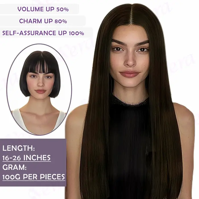 Extensions de Cheveux Humains Longs Bruns Foncés à réinitialisation