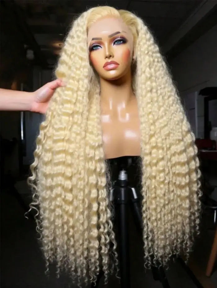 Perruques de 38 pouces en cheveux humains blonds, Lace Front Deep Wave 613 Blonde, dentelle HD 13x6,