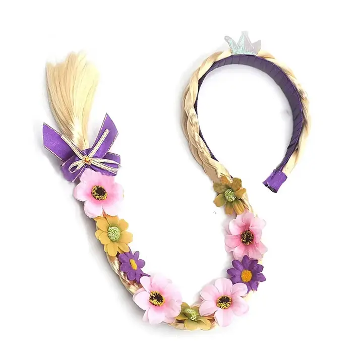 Perruques de déguisement de princesse raiponce, longues bandeaux tressés avec fleurs, accessoires de