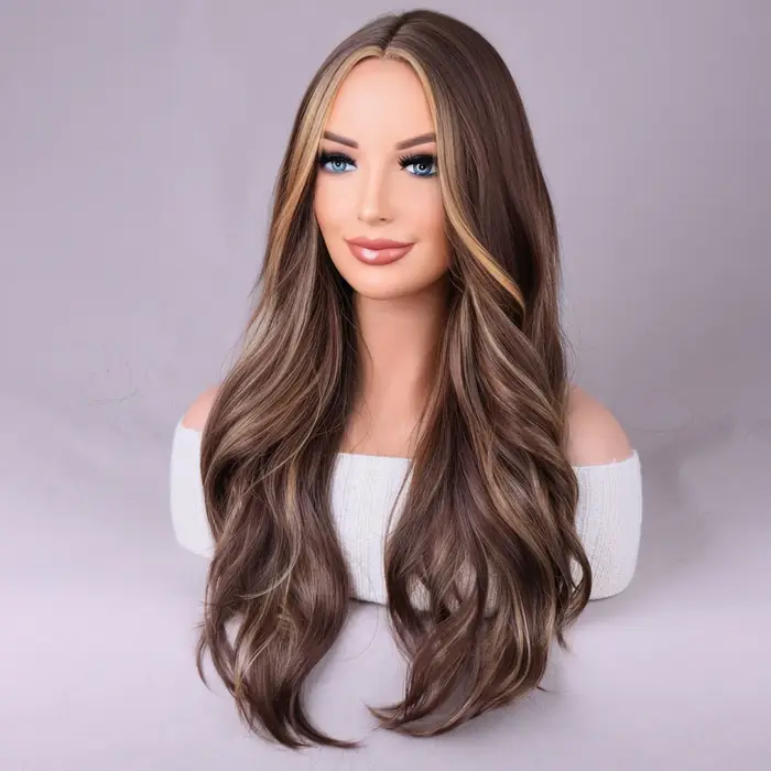 Perruque ondulée longue à reflets bruns mélangés pour femmes, perruque synthétique bouclée naturelle en Fiber résistante à la chaleur pour un usage quotidien