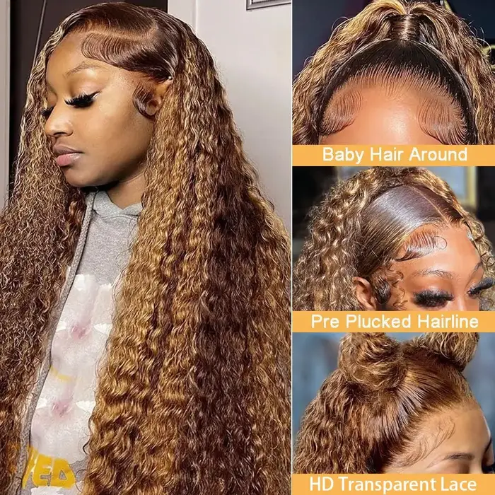 Perruques complètes en cheveux humains naturels P4/27, couleur miel, bouclées, avec dentelle frontal