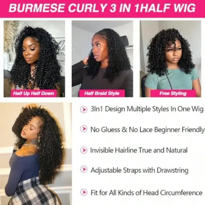 Demi-perruques densité 250 en cheveux humains Remy, perruque bandeau bouclée birmane, perruque demi-