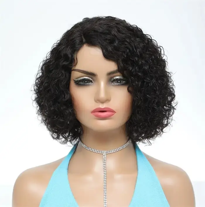 Perruque en cheveux humains Jerry Curly avec frange, coupe courte bob, entièrement fabriquée à la ma