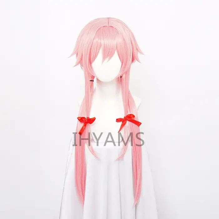 The Future Diary – perruque de Cosplay synthétique Yuno Gasai, longue et lisse, rose, avec ruban rouge et bonnet