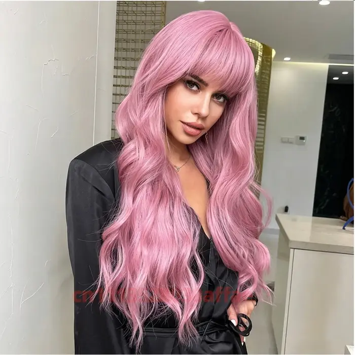Perruque synthétique longue rose bouclée ondulée tendance avec frange