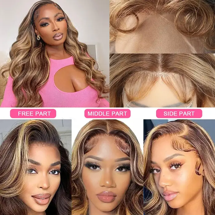 Perruque Lace Frontal Wig Body Wave brésilienne naturelle, cheveux humains à reflets colorés, 13x4,