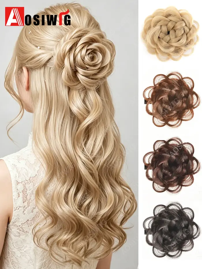 Chignon tressé synthétique blond à clipser en forme de rose