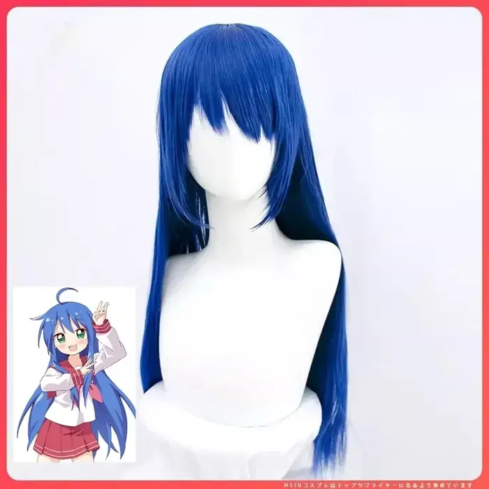 Lucky Star Izumi KonMiCosplay Perruque, Cheveux Synthétiques Longs, Bleu, Frange Noire, Costume Anime, Vêtements Sauna, ix