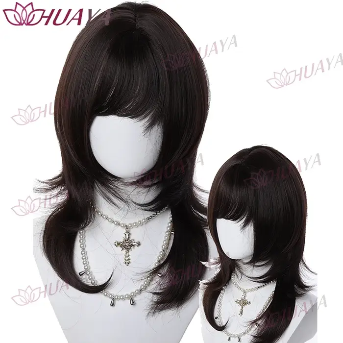 Perruque synthétique pour femme, coupe loup noir naturel avec frange, perruque coiffure Mullet haute
