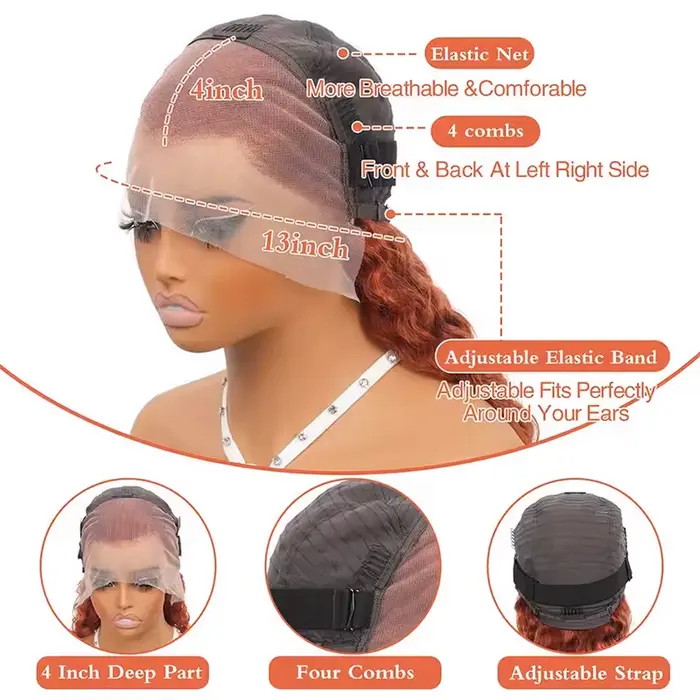 Perruque frontale bouclée Deep Wave de 36 pouces, couleur gingembre-orange, transparente 13x6 HD, en