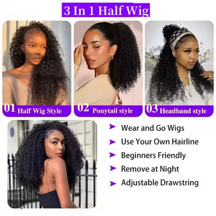 Perruque mi-tête bouclée crépue en cheveux humains