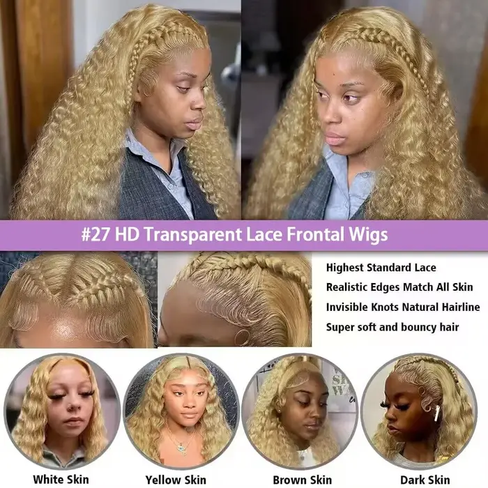 27 # Perruque Blonde miel cheveux humains 13x6 cheveux humains bouclés dentelle frontale perruque