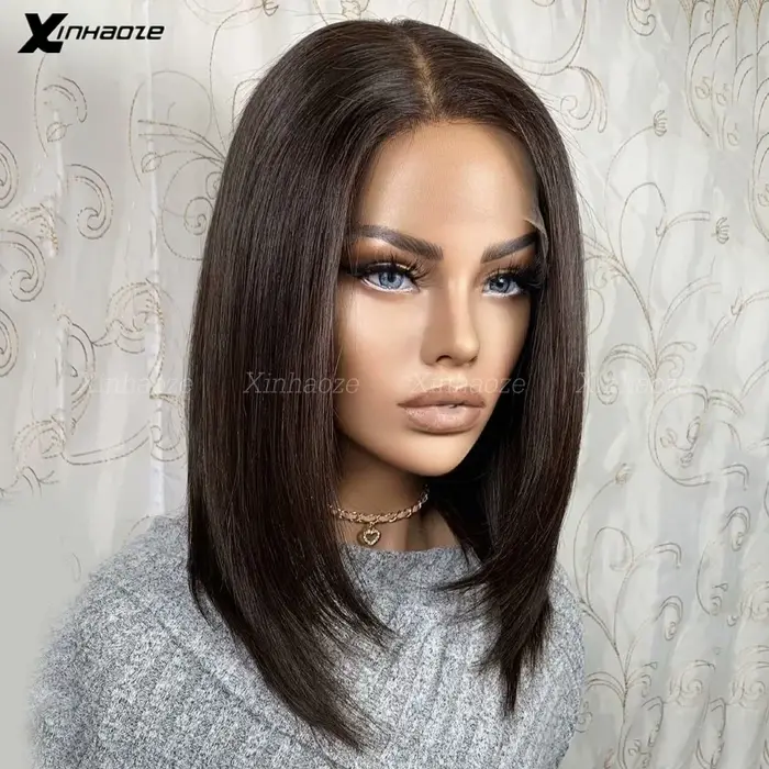 Perruque Bob Lace Wig brésilienne Remy naturelle, cheveux courts lisses, brun foncé #2, 13x4/13x6