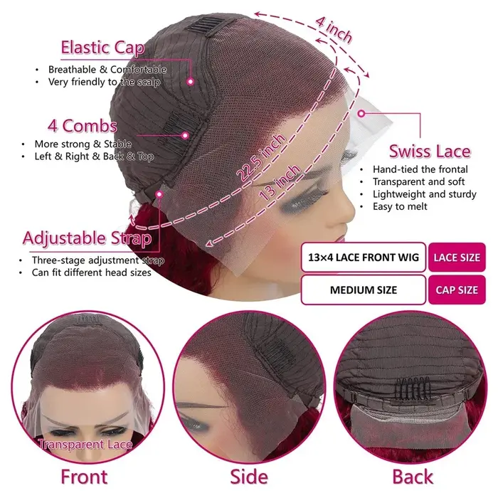 Perruques Lace Front Body Wave 13x6 en Cheveux Humains pour Femmes, Perruques Lace Front 99j Bordeau