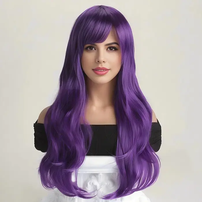 Perruque synthétique violette de 26 pouces avec grandes vagues pour cosplay d'Halloween