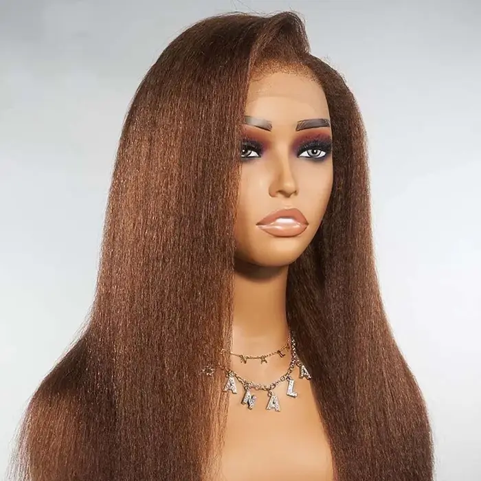 Perruques de cheveux humains crépus lisses brun chocolat 200% densité 13x6 perruque frontale en dent