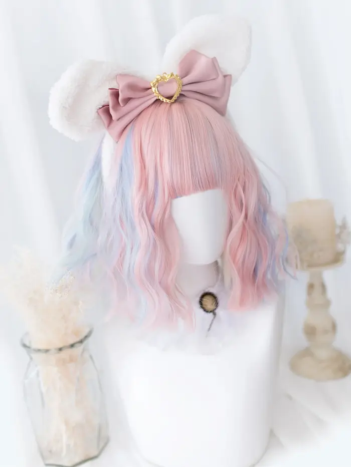 Perruques synthétiques Double couleur bleu rose de 12 pouces avec frange