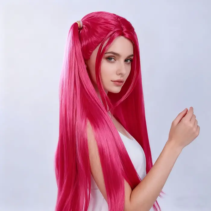 Perruque Anime longue rose avec motif double queue – Fibre synthétique résistante à la chaleur