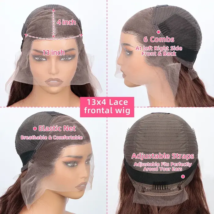 Perruque Lace Frontale 13x6 Ondulée Chocolat Marron 30 36 Pouces, Cheveux Humains Pré-Pluckés Coloré