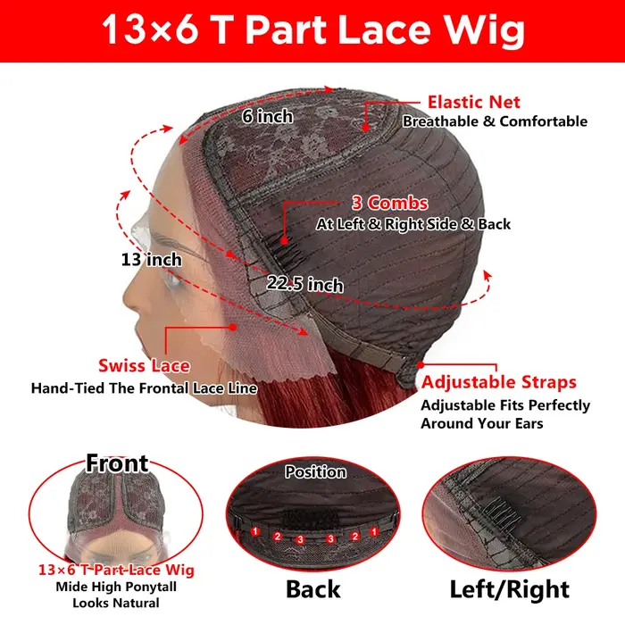 Perruque courte bob transparente HD bordeaux 99J en cheveux humains, avec mèches lisses brésiliennes, perruque frontale en dentelle 13x6x2 pré-épilée pour femmes