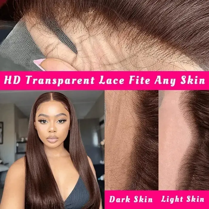 Perruques brésiliennes en cheveux humains lisses brun chocolat de 34-36 pouces, perruque frontale en