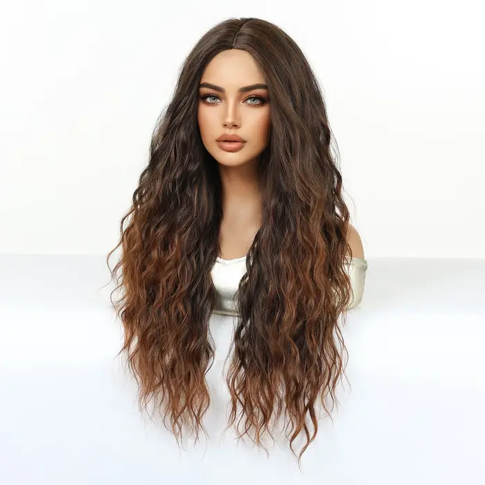 Perruque synthétique bouclée ombrée brun blond pour femmes, raie au milieu, longue, volumineuse, résistante à la chaleur, pour tous les jours, fête, cosplay