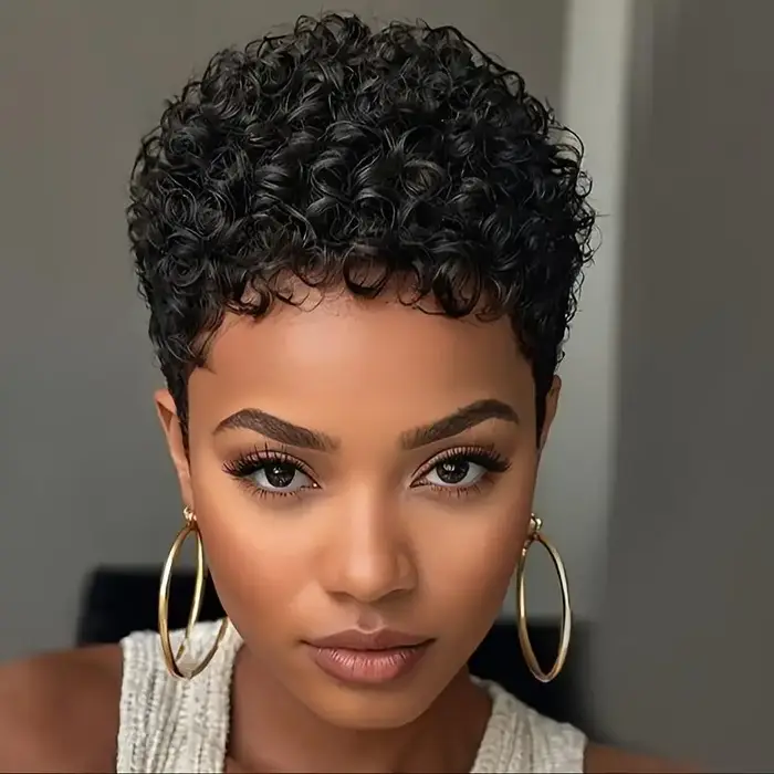 Perruque courte afro bouclée en cheveux humains, densité 150 %, fabriquée à la machine, coupe pixie,