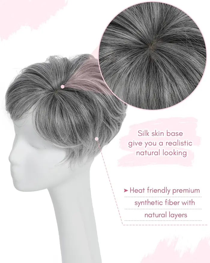 Extensions de cheveux synthétiques ondulés et volumineux gris coupe Pixie pour femmes