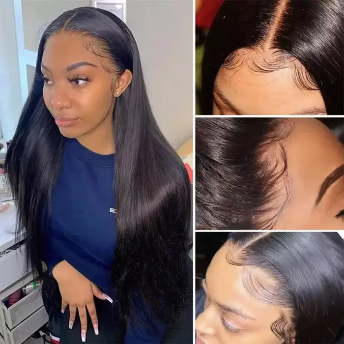 Perruque Lace Frontal wig naturelle péruvienne Remy, cheveux lisses, HD, 13x6, pre-plucked, 180%, po