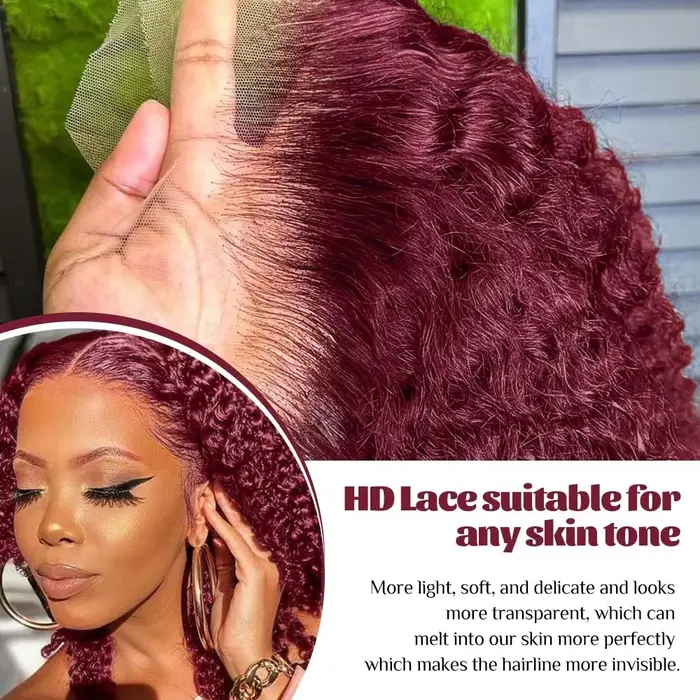 Perruque Lace Frontale 13x4 Courte Bob Bouclée Kinky Pré-Pluckée 99J Deep Wave Cheveux Humains Bourgogne Perruques