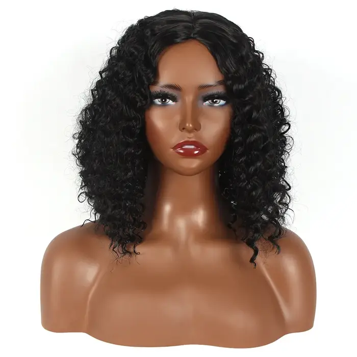 Perruque synthétique courte bouclée noire à ondulations profondes, effet naturel, pour fête costumée