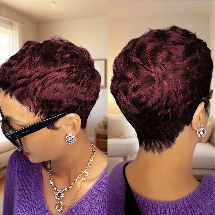Perruque courte coupe lutin avec frange cheveux humains 180 densité pour les femmes perruque faite à