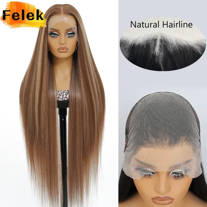 Perruques Lace Frontal 13x6 Marron Super Longues 40 Pouces pour Femmes, Synthétiques Lisses Soyeuses Noires de Haute Qualité, Faciles à Porter, pour Cosplay
