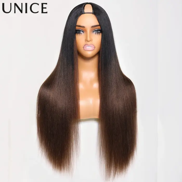 Perruque Yaki Straight V Part UNice 100% cheveux humains avec cordon de serrage