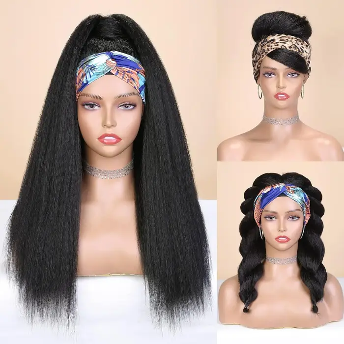Perruque synthétique Yaki lisse et crépue pour femmes, perruque avec bandeau noir, facile à coiffer, sans dentelle frontale, sans colle