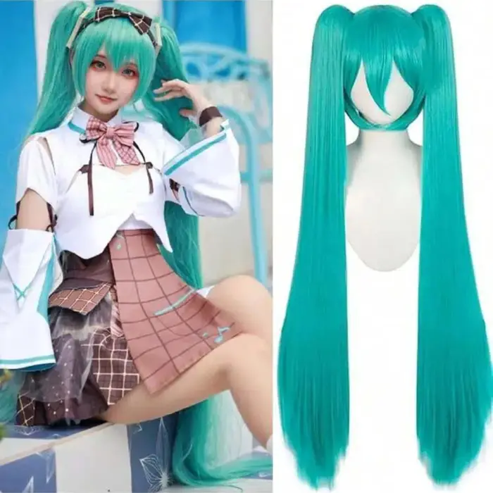 Perruque longue en fibres synthétiques de style anime vert pour fille