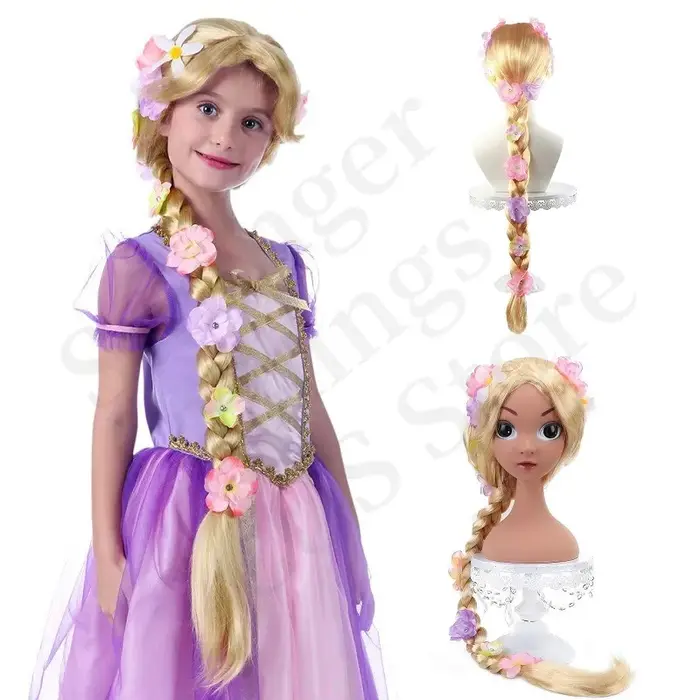 Perruque de princesse Raiponce super longue avec fleurs - Perruques synthétiques blondes tressées pour filles pour
