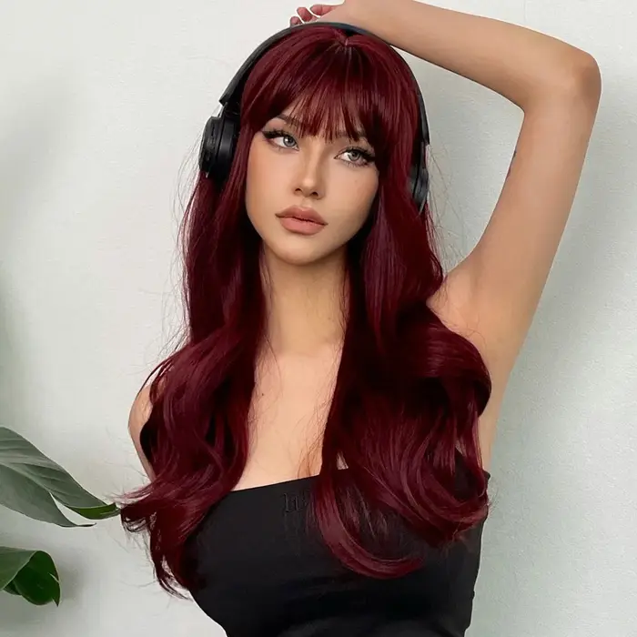 Perruque synthétique couleur vin rouge avec grandes boucles pour fête