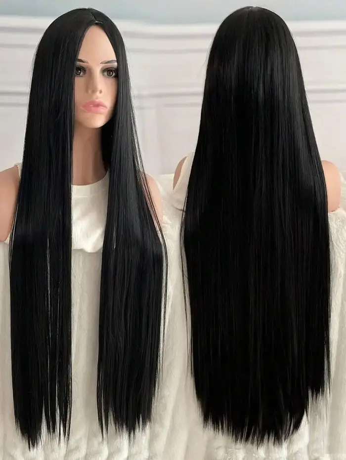 Perruque synthétique noire super longue de 40 pouces pour femme avec cheveux longs et raides sans fr