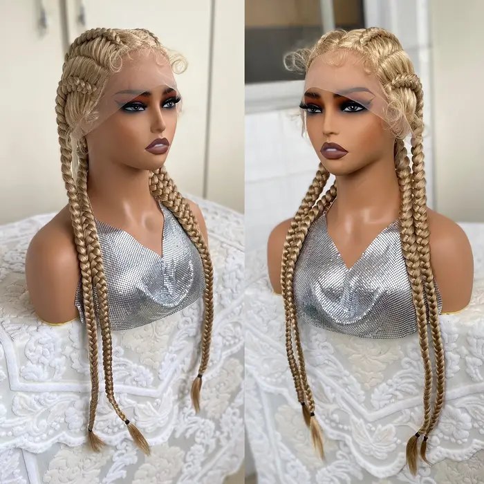 Perruque Lace Front Wig synthétique tressée avec cheveux de bébé, 32 pouces, 4 tresses Cornrow torsa
