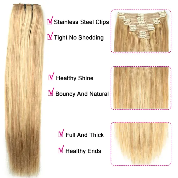 Extensions de cheveux lisses à clipser 120G 8/613 Blond Piano