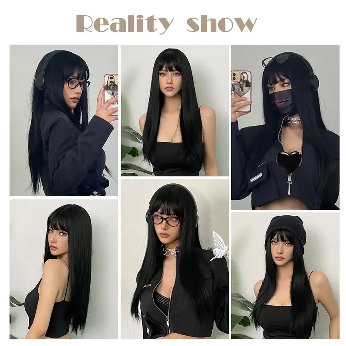 EASIHAIR – perruques synthétiques longues et lisses avec frange, perruques noires de fête Cosplay Lo