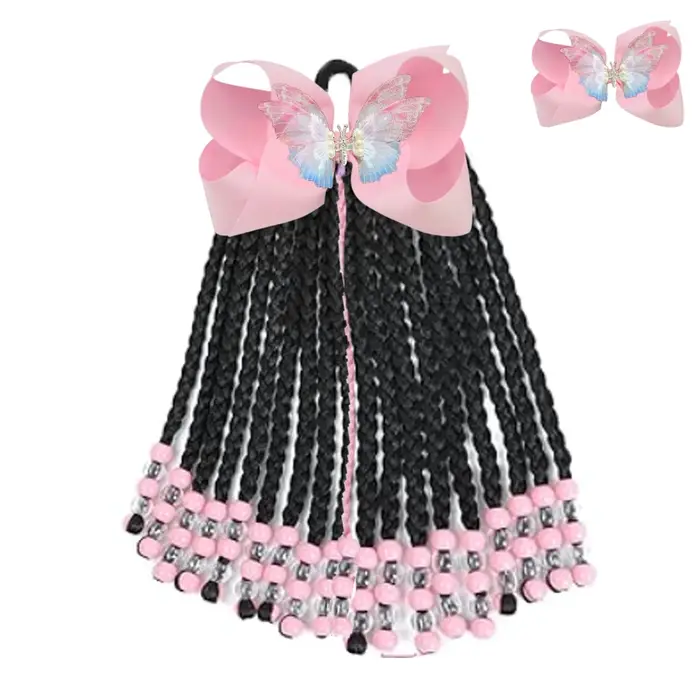 Extension de queue de cheval pour enfants avec perles - Extensions de cheveux de tresses en boîte de 19 brins avec clips à nœud - Coiffure de protection de 9 pouces pour filles