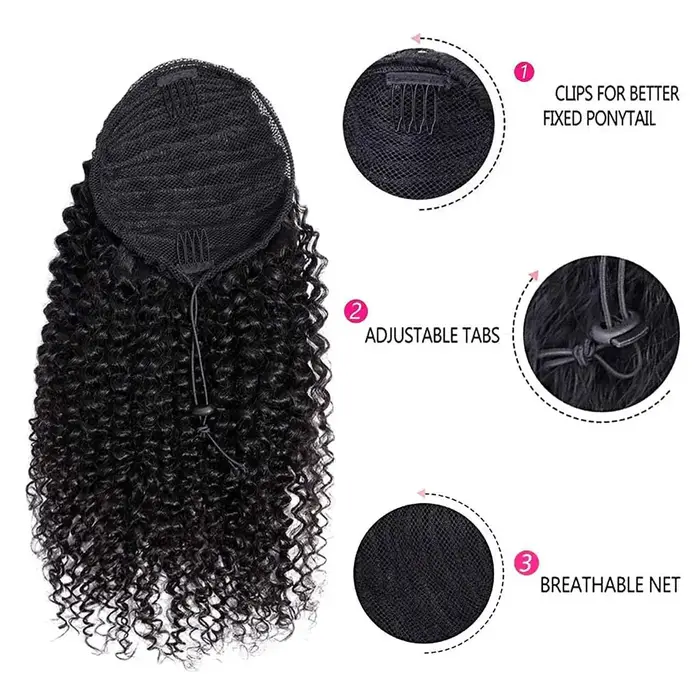 Queue de cheval à cordon en cheveux humains 4C Afro Kinky Curly