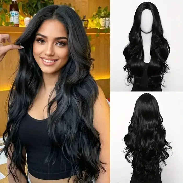 Perruque synthétique noire avec cheveux longs de partie centrale et grandes vagues pour une fête ou un usage quotidien.