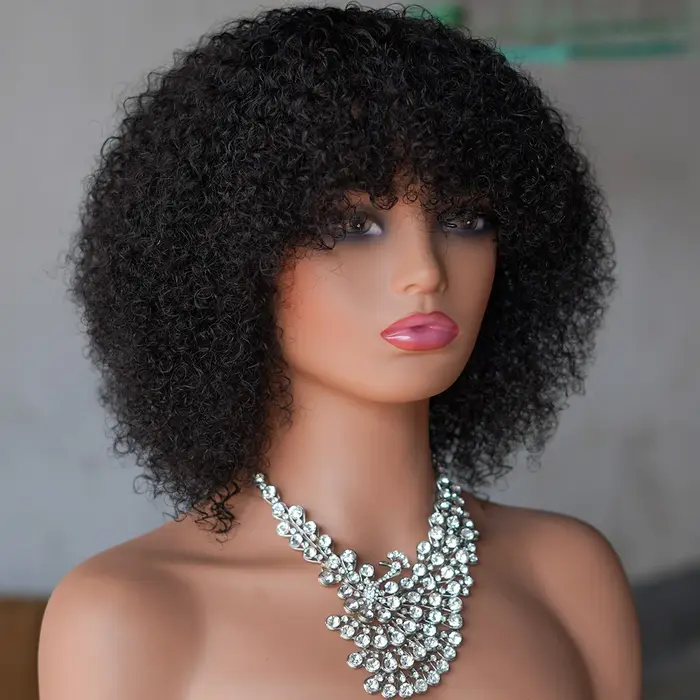 Perruque de cheveux humains crépus bouclés afro mongols avec frange faite à la machine 250% perruques