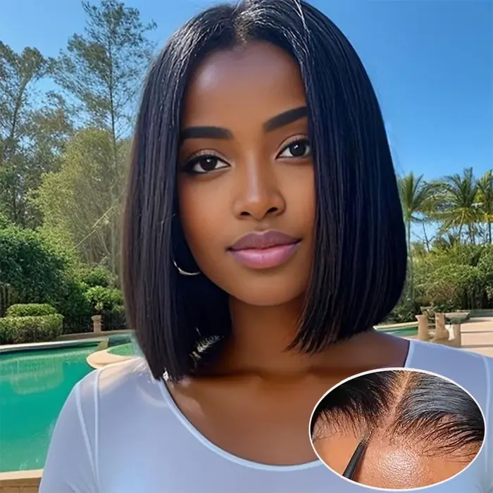 Perruque Bob Lace Frontal Wig brésilienne Remy, cheveux lisses, sans colle, 13x4, 4x4, pre-plucked,