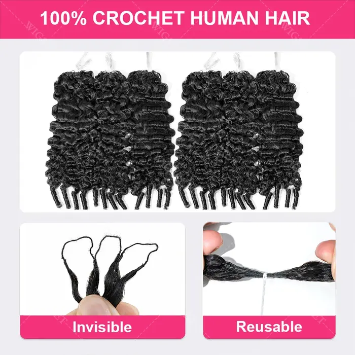 Mèches de cheveux humains bouclés style birman pour crochet, tresses invisibles sans nœuds, cheveux