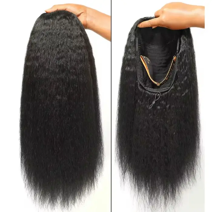 Demi-perruque 3 en 1 en cheveux humains avec cordon de serrage, texture crépue droite, prête à l'emp