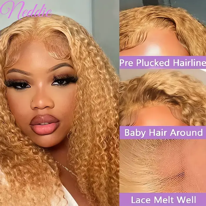 27 #   Perruque Lace Frontal Wig naturelle bouclée, cheveux blond miel, 13x4, Deep Wave, 30 34 pouce